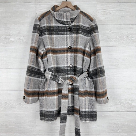 Chico's Wool Blend Plush Plaid Trench Coat Women Size 2X / 22 Gray Brown Belted - Picture 1 of 16